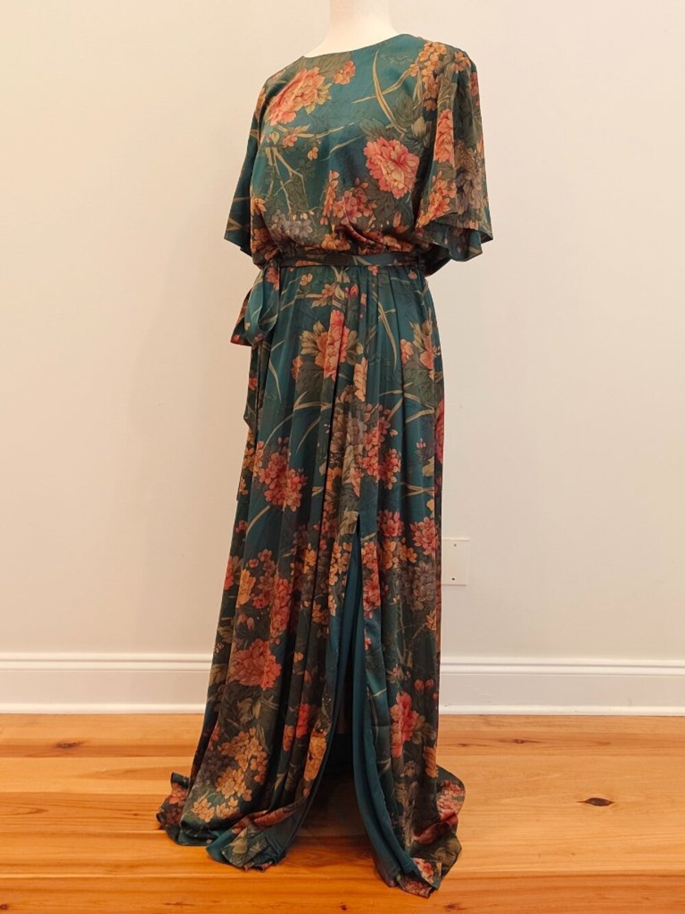 Baltic Born Agnes Satin Maxi Dress Womens 1XL Dark Green Floral Slit Tie NEW - Picture 5 of 15